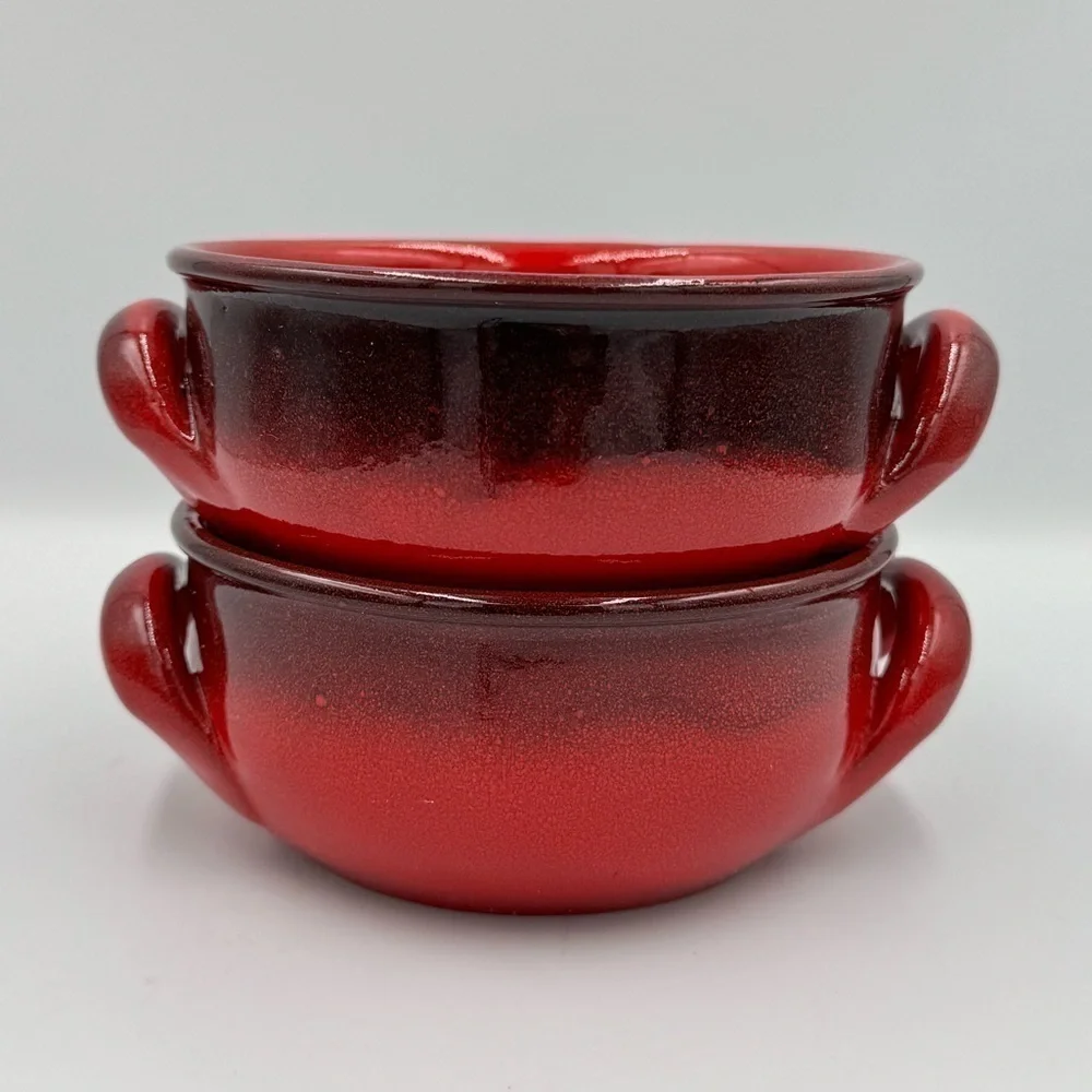 Vintage De Silva Red/Black Ombre' Glazed Ceramic Bowls w/Handles Made in Italy